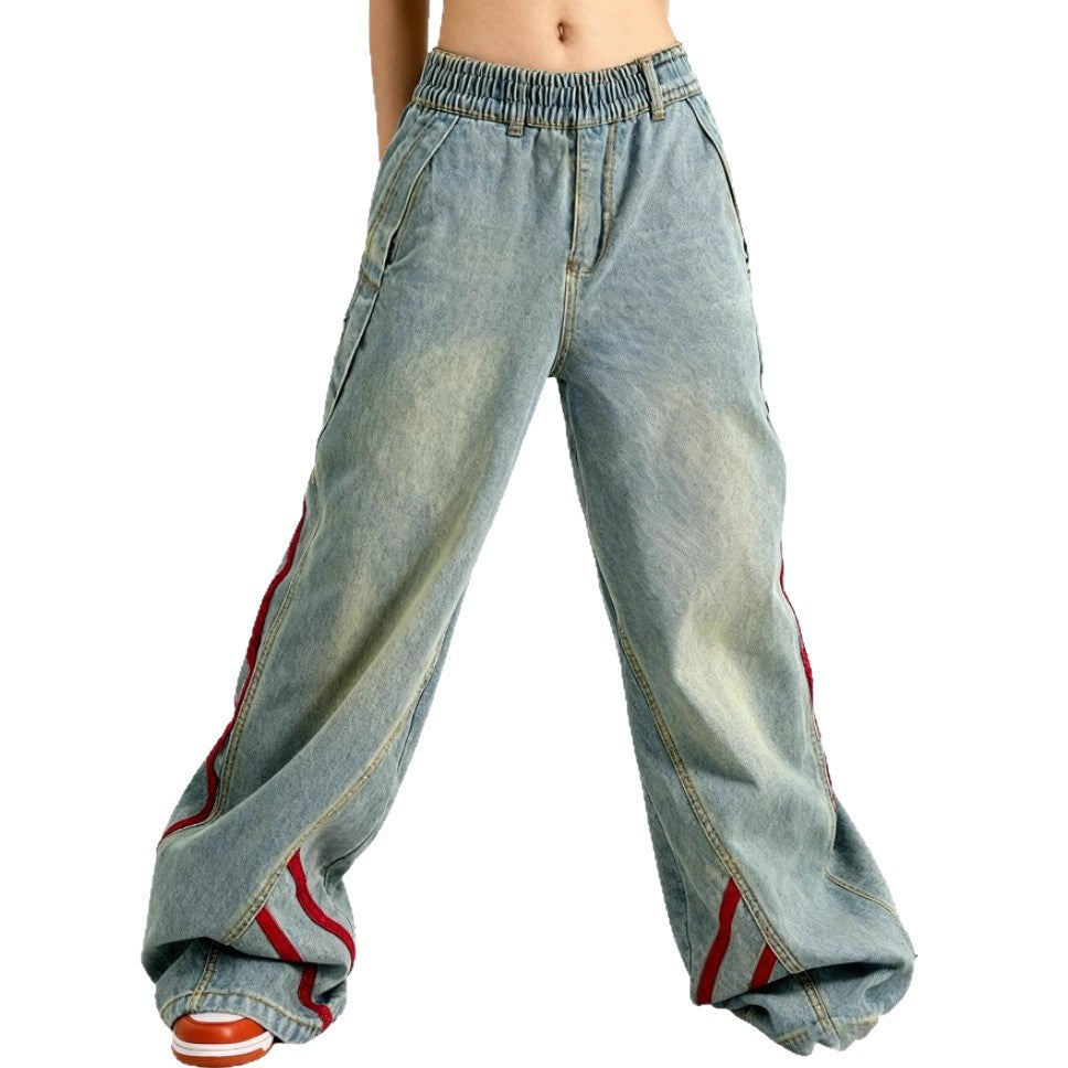 Women's low-rise extra-wide baggy jeans made of vintage denim with side tape stripes Chichicherry