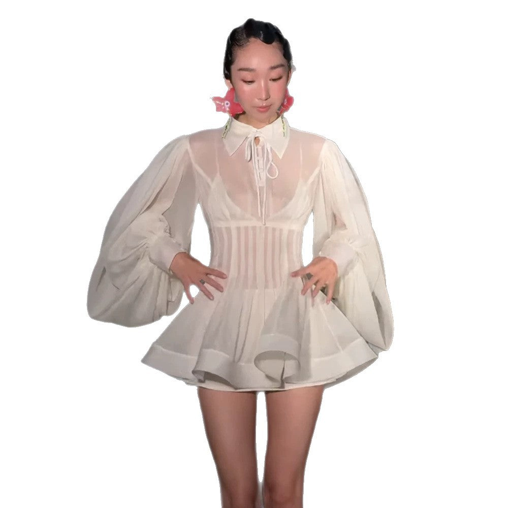 Ladies Transparent Chiffon Mini Dress with Corset Look, Puff Sleeves and Flared Skirt Chichicherry