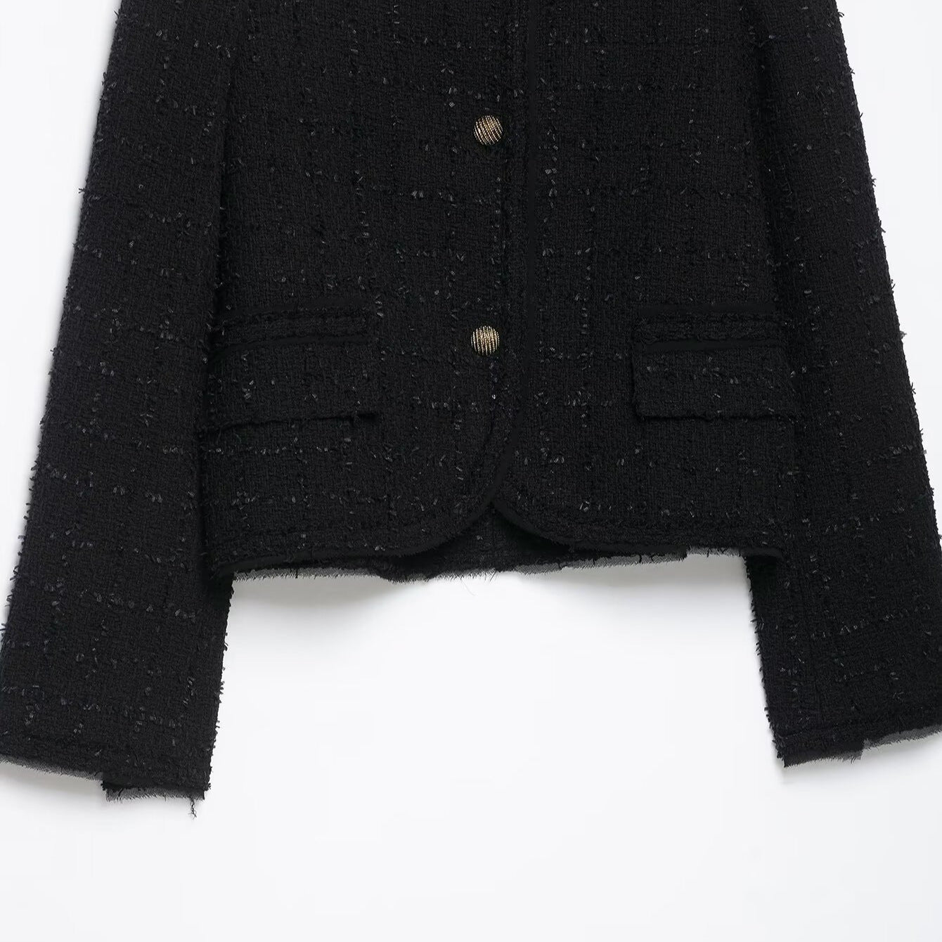 Women's Short Bouclé Tweed Jacket without Collar with Gold Decorative Buttons Chichicherry