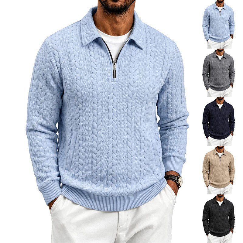 Men's finely structured knitted pullover with half-zip collar and cable pattern Chichicherry