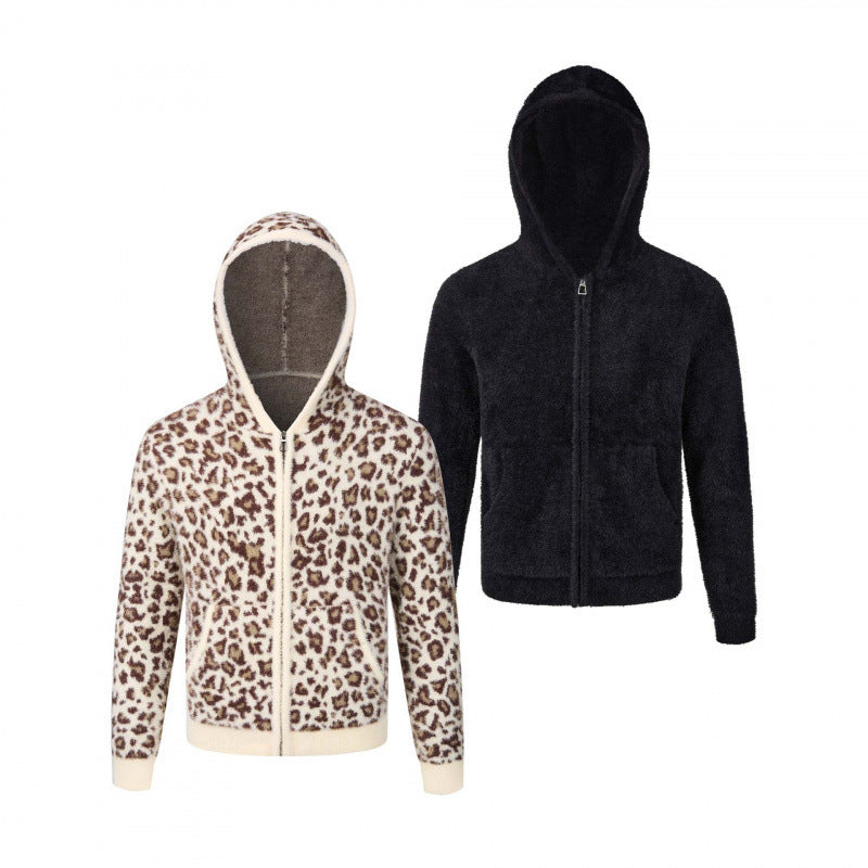 Women's Hooded Fleece Jacket made of Teddy Fabric with Leopard Print and Zipper Chichicherry