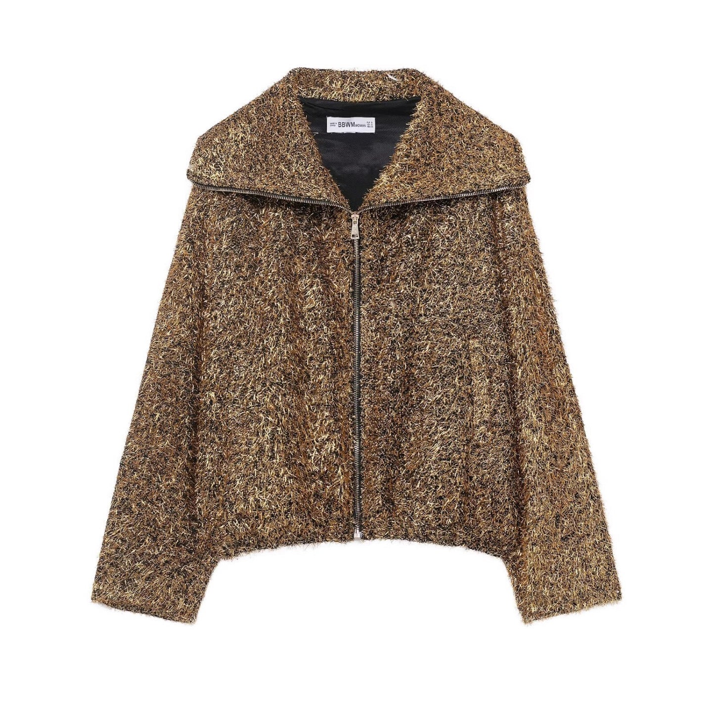 Ladies Glittering Boucle Zip Jacket with Wide Collar and Cropped Boxy Cut Chichicherry