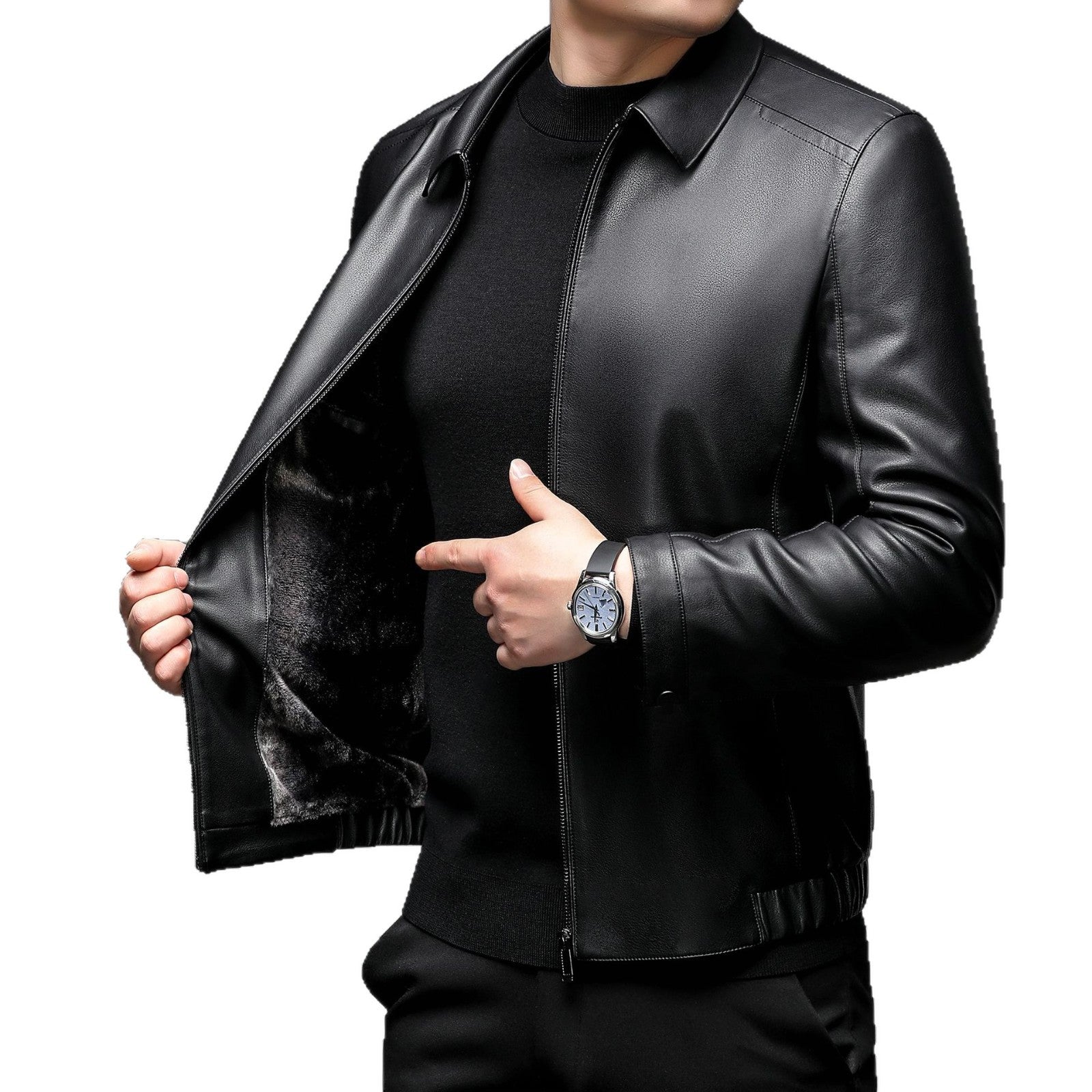 Men's Smooth Faux Leather Jacket with Warm Faux Fur Lining, Shirt Collar and Elastic Hem Chichicherry