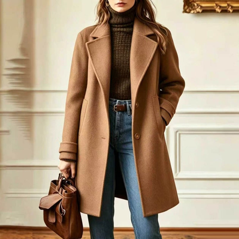 Women's Elegant Wool Coat with Tailored Fit and Notched Lapel Chichicherry
