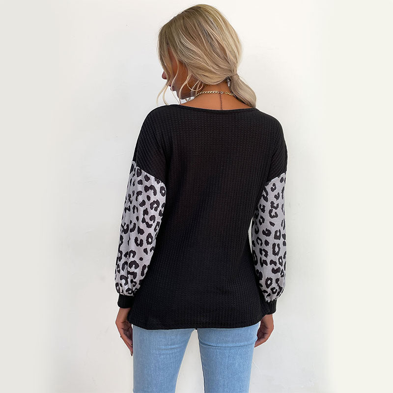 Women's Long Sleeve Waffle Shirt with Knot Front and Contrast Leopard Sleeves Chichicherry