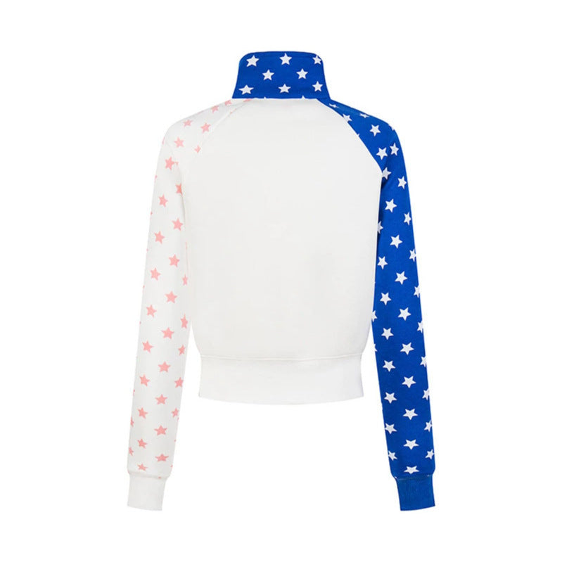Women's cropped zip-up sweatshirt with stand-up collar, star print, and raglan sleeves Chichicherry