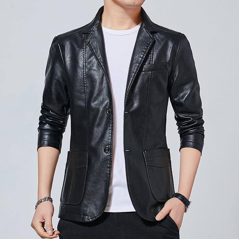 Men's Faux Leather Blouson Style Jacket with Shirt Collar and Patch Pockets Chichicherry