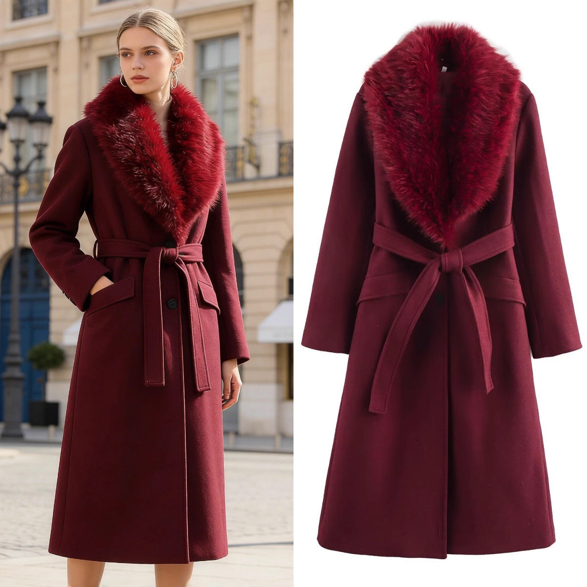 Women's wool coat with removable faux fur shawl collar and belted waist Chichicherry