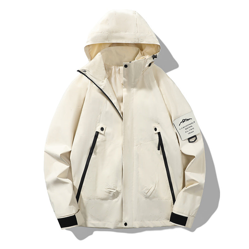Men's Technical Hooded Utility Jacket with Concealed Front Placket, Zipper Pockets and Arm Pocket Chichicherry