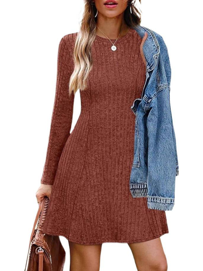 Women's ribbed knit dress with round neckline and figure-flattering A-line silhouette Chichicherry