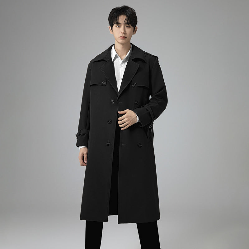 Men's Modern Maxi Long Double-Breasted Trench Coat with Classic Lapels and Adjustable Cuffs Chichicherry