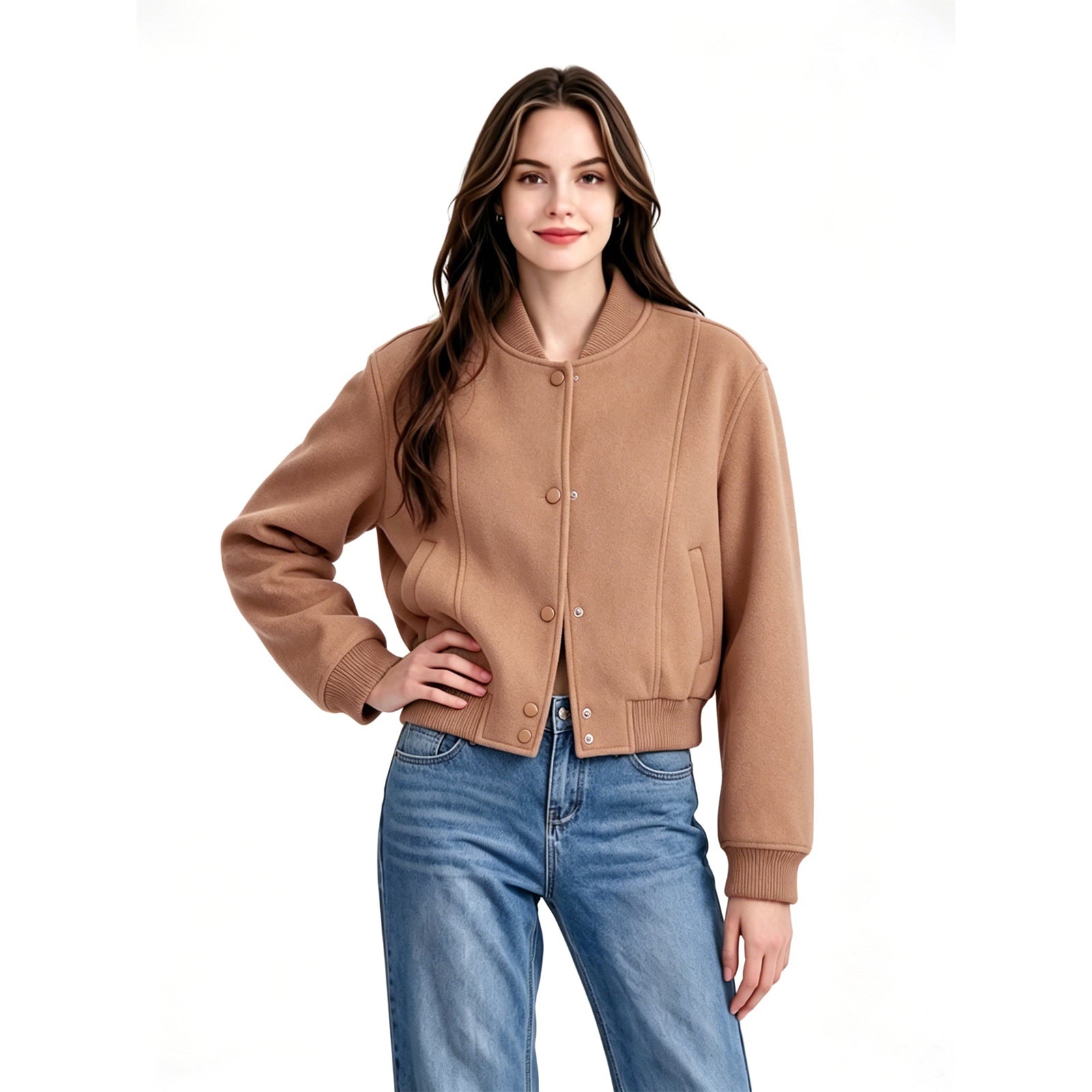 Ladies short-cut wool bomber jacket with ribbed cuffs and snap button placket Chichicherry