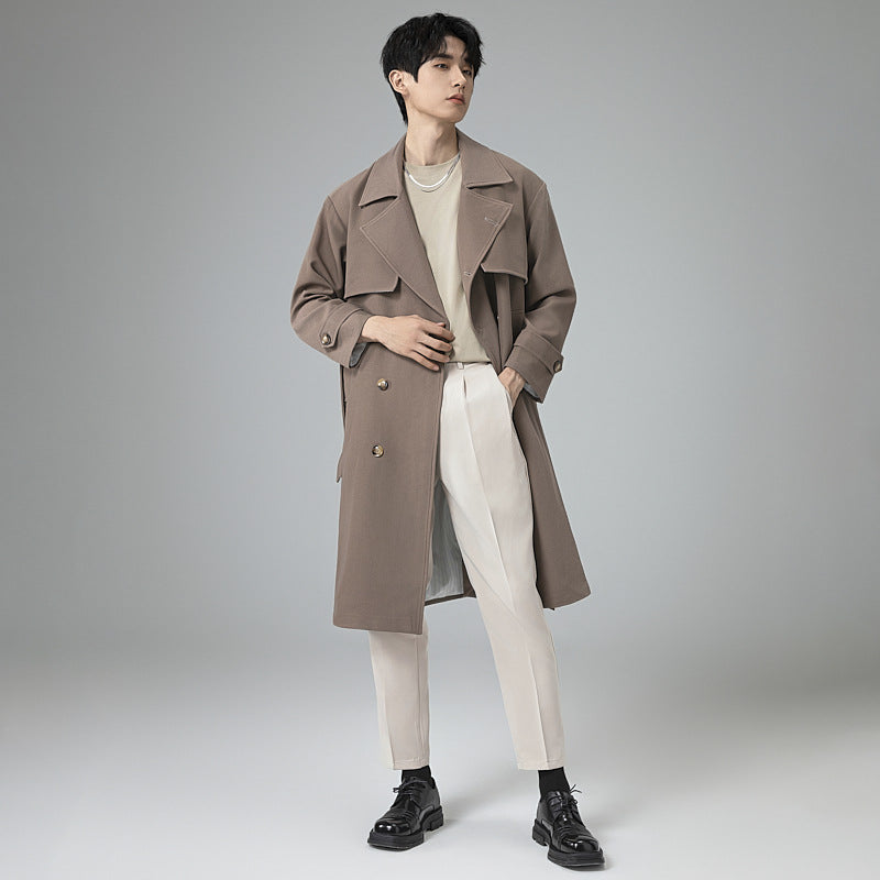 Men's Oversized Double-breasted Wool Blend Trench Coat with Shawl Collar and Contrast Flap Chichicherry