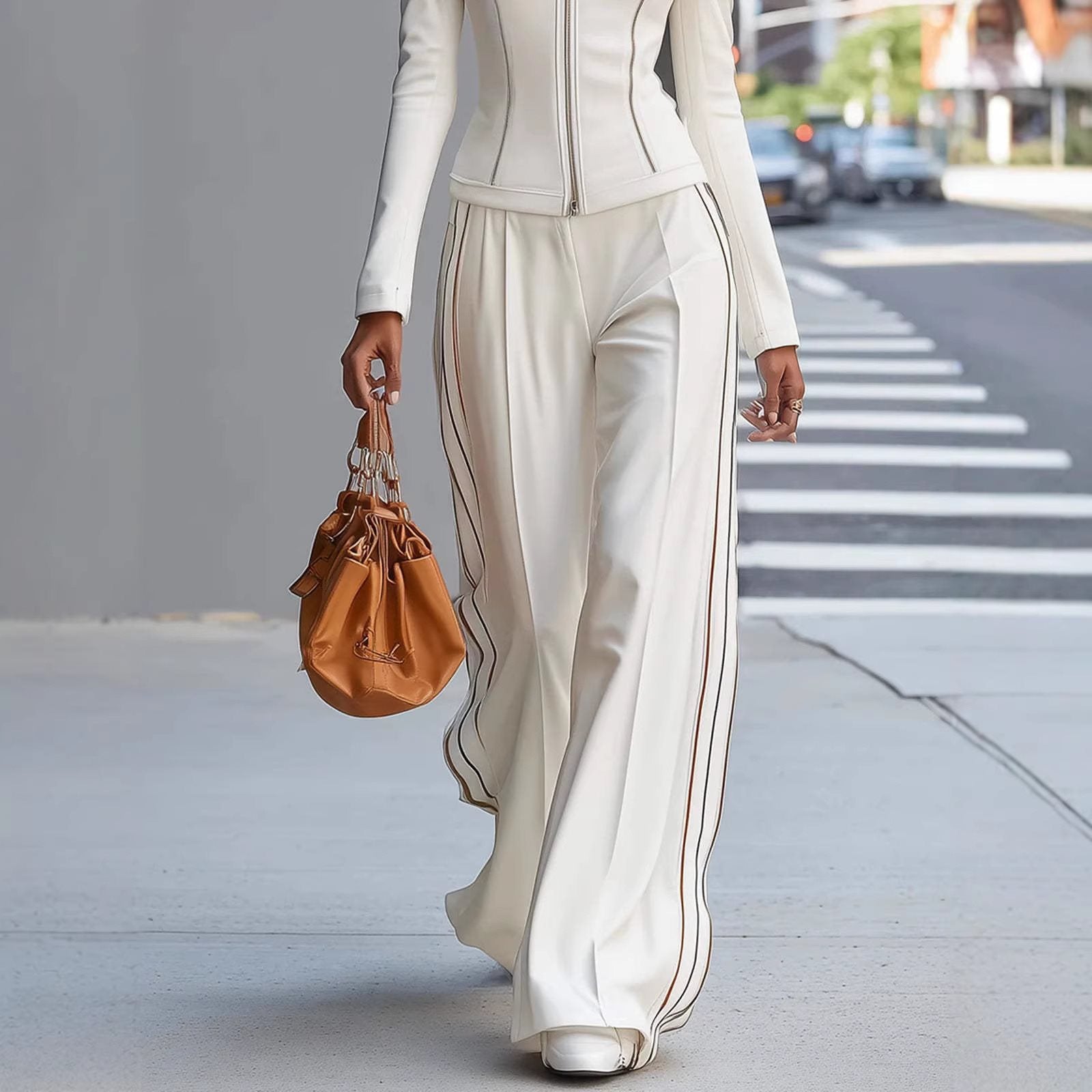 Women's Tailored Stand-Up Collar Blouson with Zipper and Wide Palazzo Pants with Piping Chichicherry
