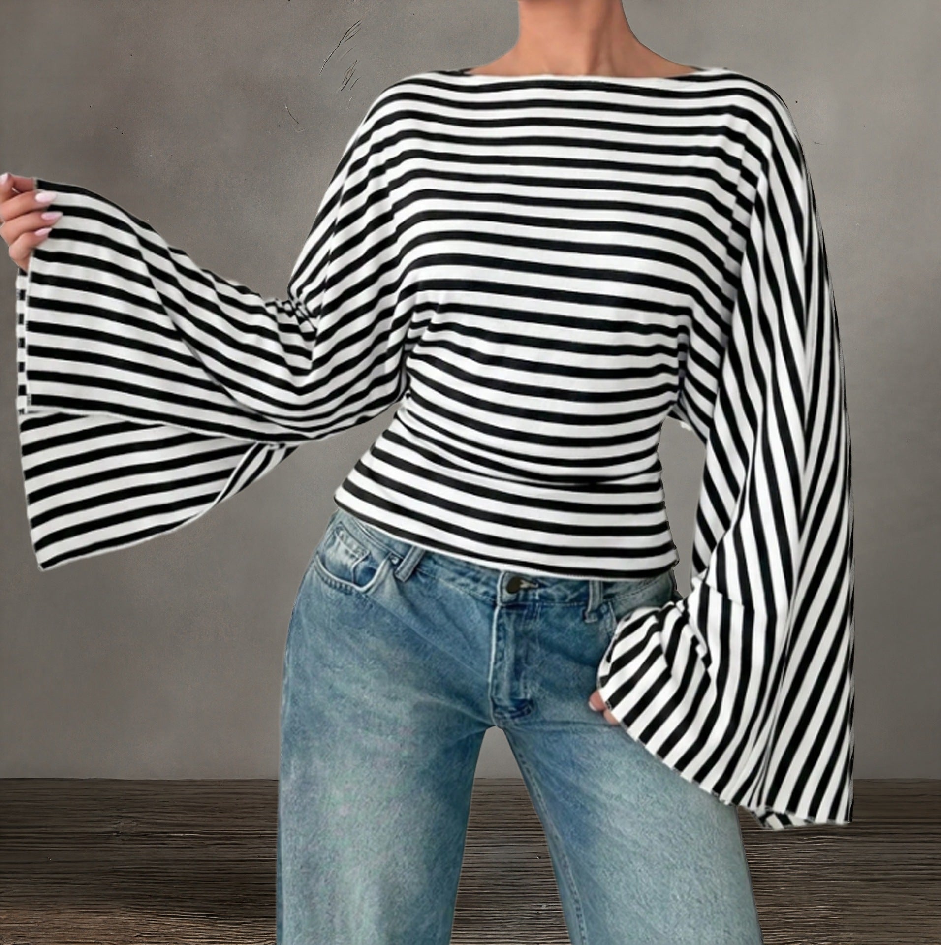 Women's Striped Shirt with Off-the-Shoulder Neckline, Fitted Silhouette and Bell Sleeves Chichicherry