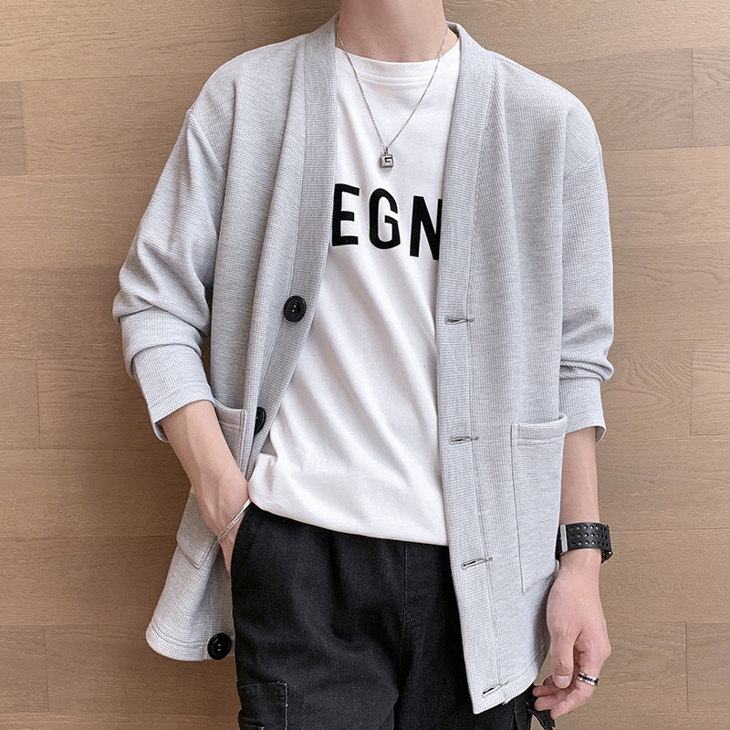 Men's Structured Cardigan with V-Neck, Three-Button Front and Patch Pockets Chichicherry