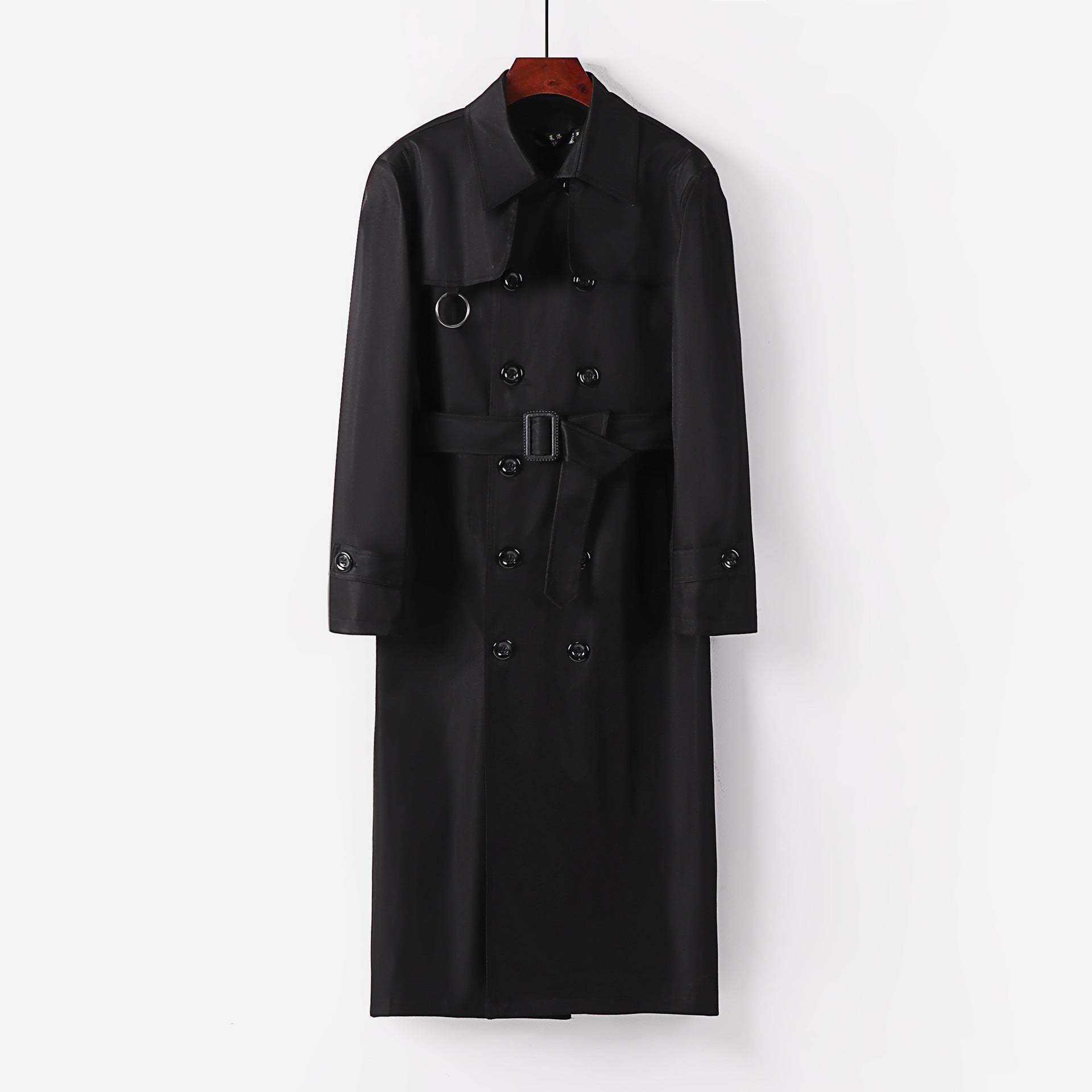 Men's Long Cut Double-Breasted Trench Coat with Waist Belt and Decorative Ring Detail Chichicherry