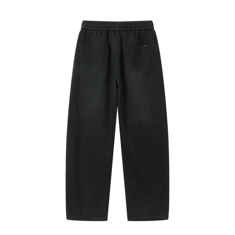 Unisex Loose Denim Pants with Elastic Waistband, Drawstring and Five Pockets Chichicherry