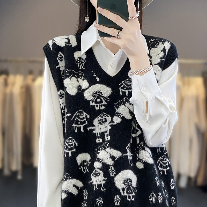 Women's Oversized Knit Vest with V-Neck and Playful Jacquard Motif Chichicherry