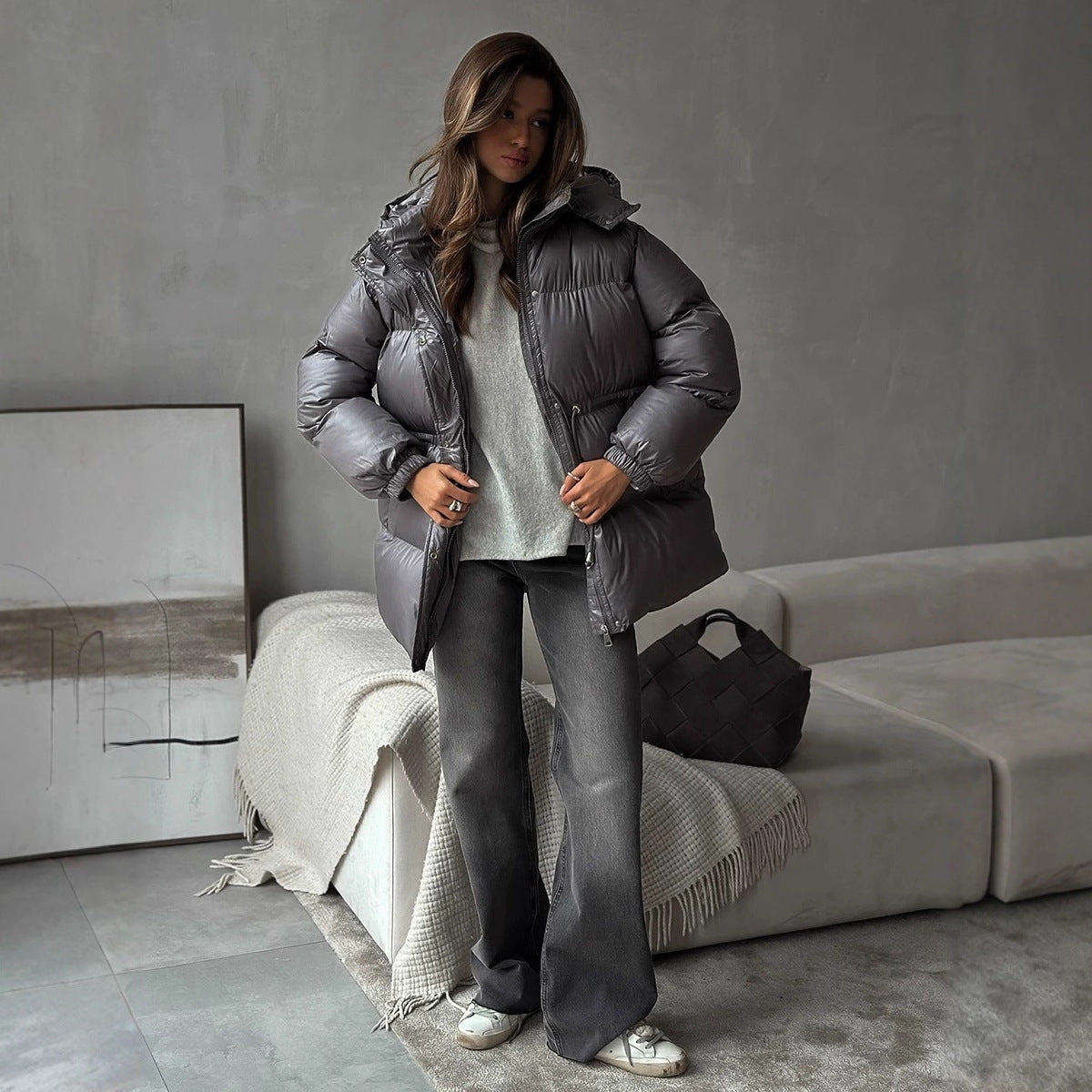 Damen gesteppte Steppjacke mit Taillenzug und Kapuze Chichicherry