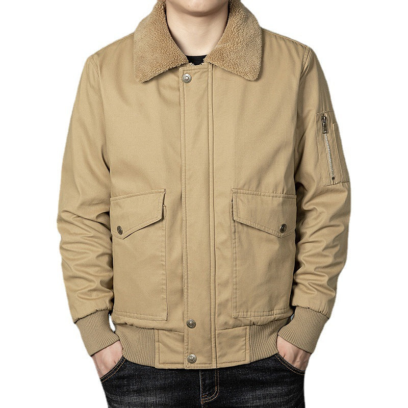 Men's teddy-lined pilot jacket in worker style with arm pocket and flap pockets.