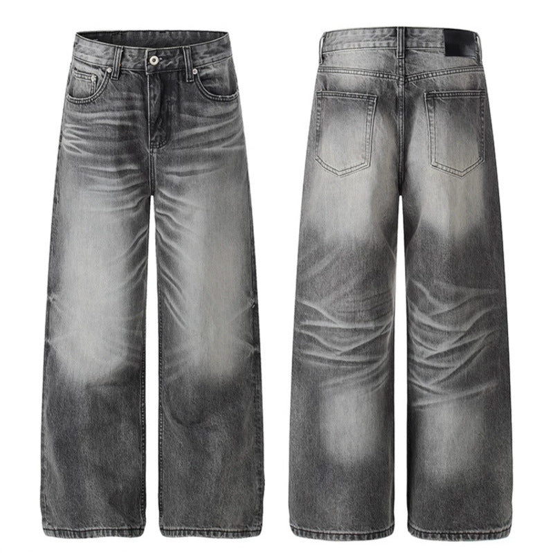 Ladies High-Waisted Wide-Leg Denim Pants with Used-Fade Effect Chichicherry