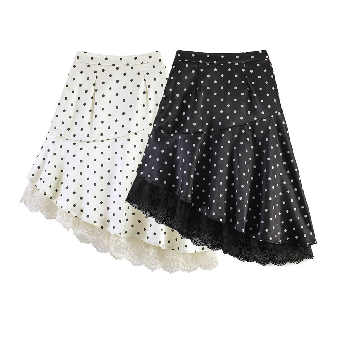Women's Asymmetric Tiered Skirt with Ruffles, Dots, and Lace Trim Chichicherry