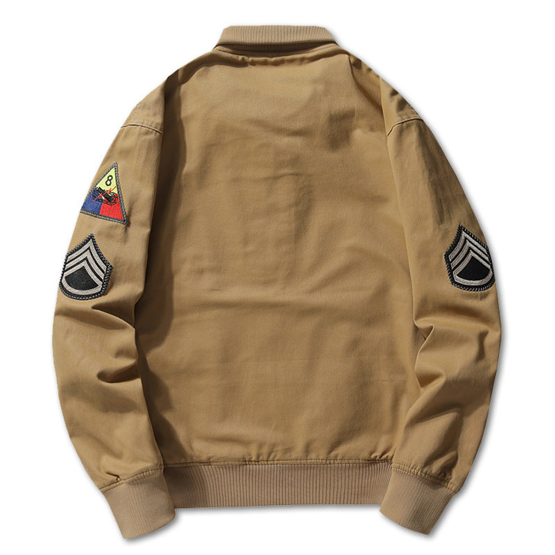 Men's military-inspired canvas bomber jacket with patches, stand-up collar, and utility pockets Chichicherry