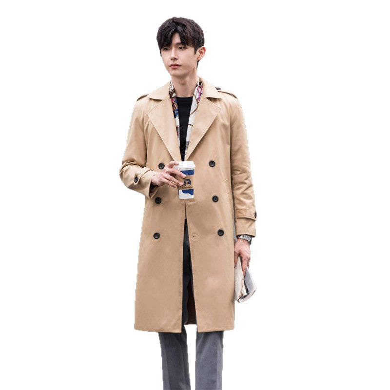 Men Water-repellent Trench Coat with Double Row, Classic Lapels and Waist Belt Chichicherry