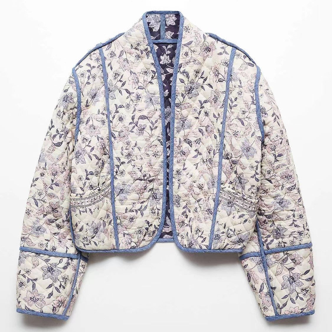 Women's short-cut quilted blouson jacket with floral embroidery and contrasting piping Chichicherry