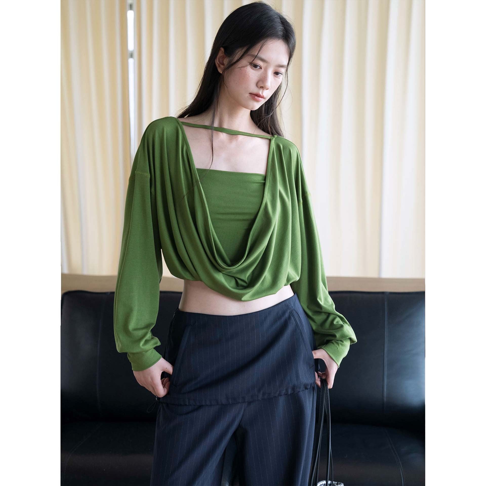 Women's Draped Layering Top with Off-the-Shoulder Cut and Decorative Straps Chichicherry