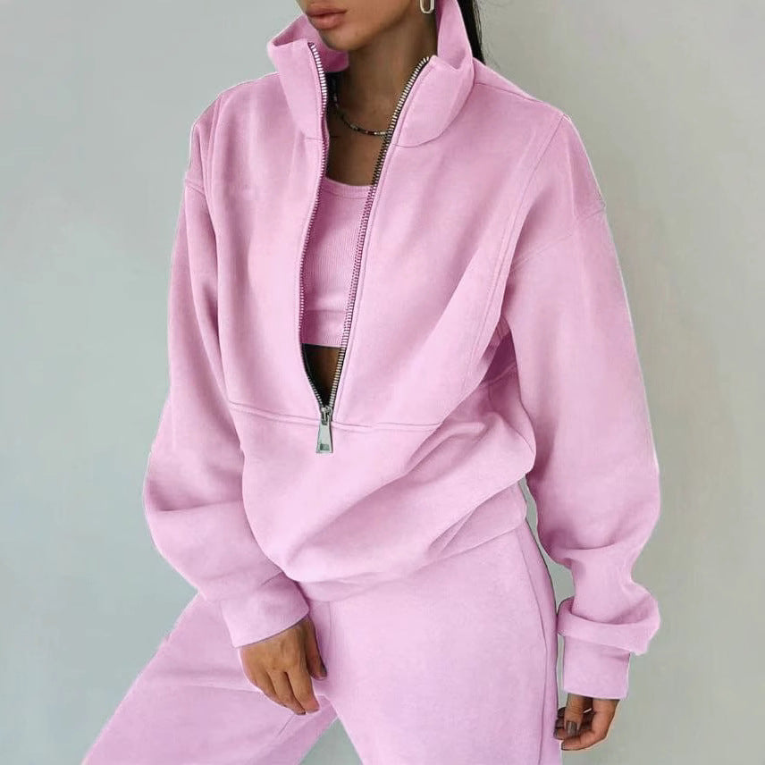 Damen Oversized Halbzip-Sweatshirt mit Stehkragen und passender High-Waist-Jogginghose Chichicherry