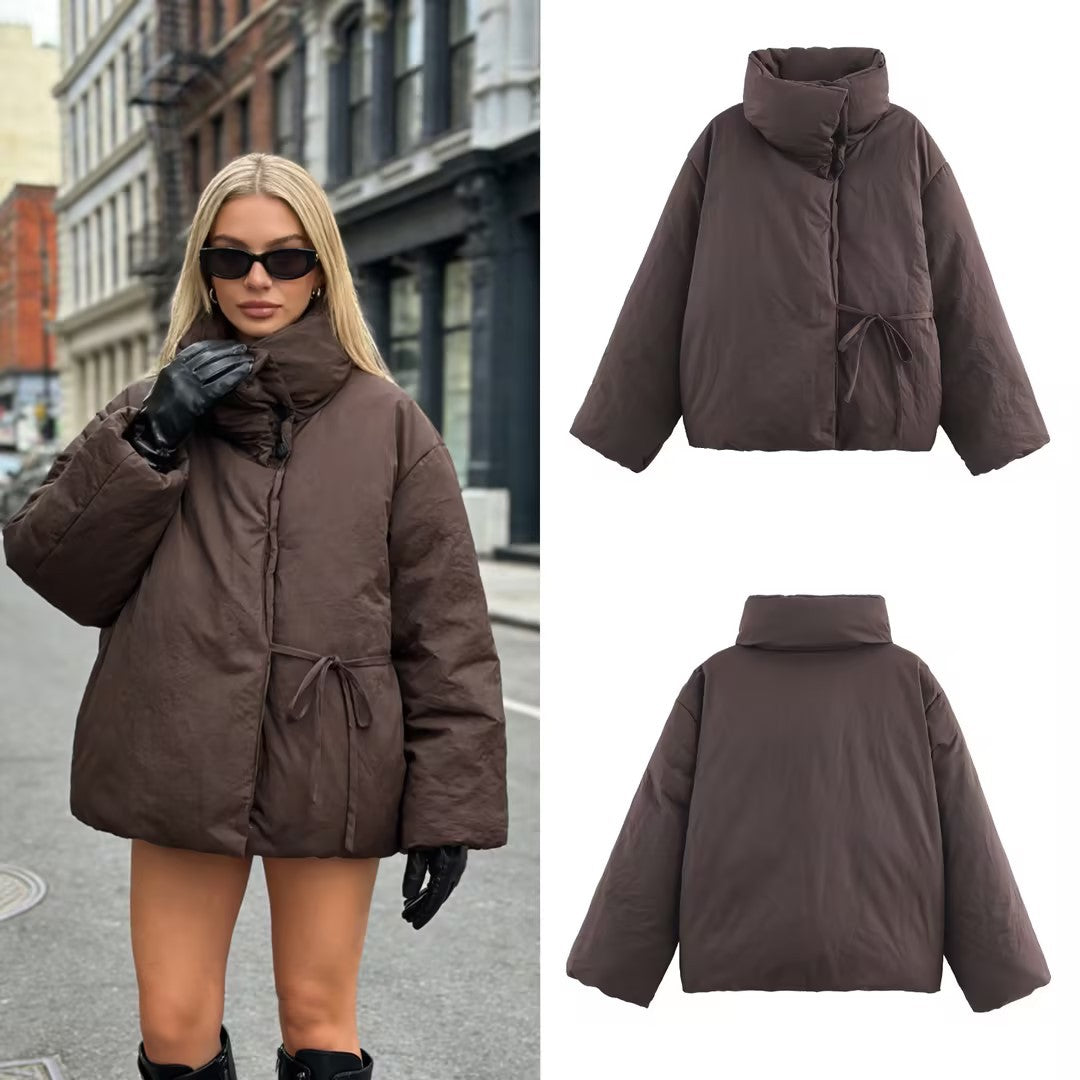 Women's Oversized Quilted Jacket with High Stand Collar and Waist Belt Chichicherry