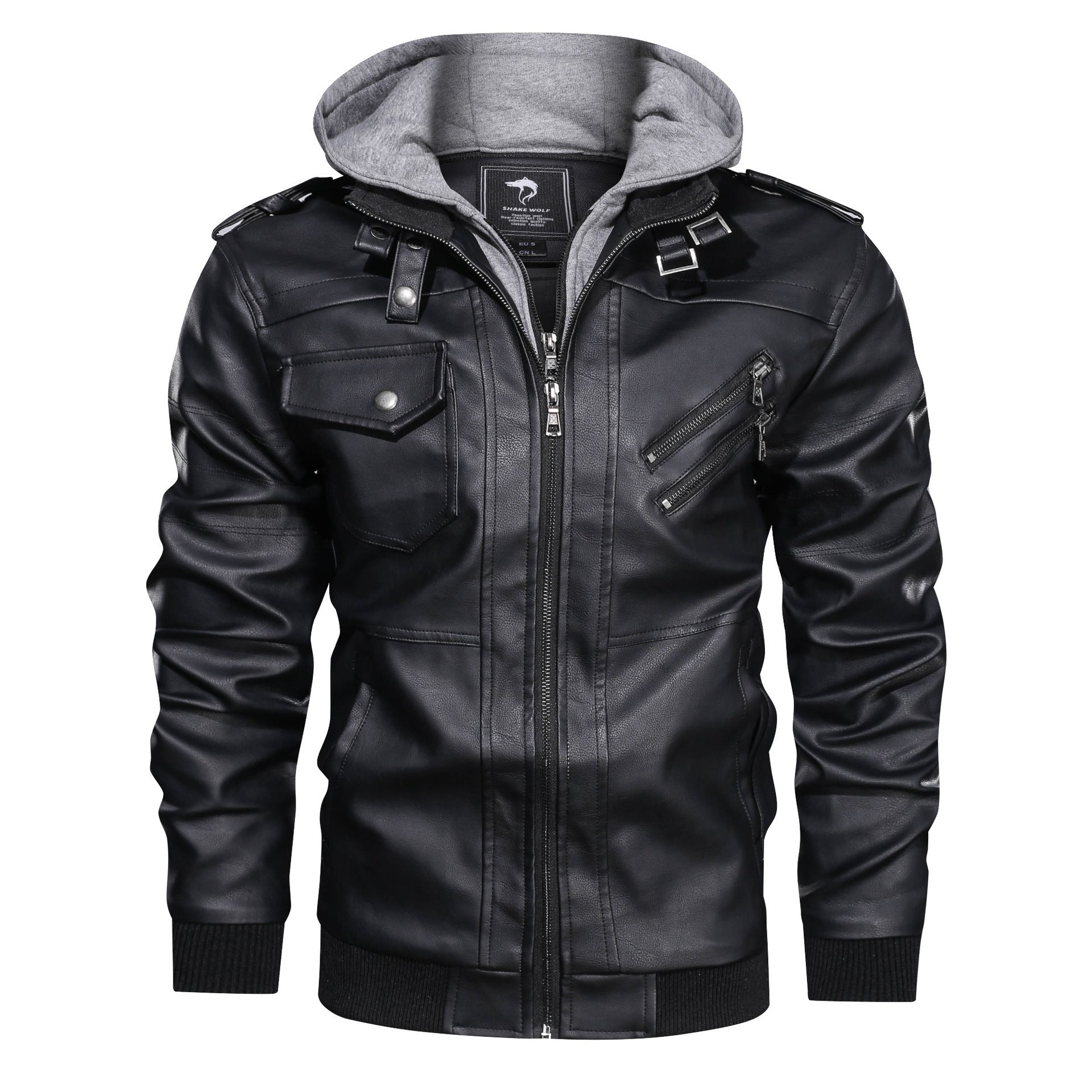 Men's pilot blouson made of synthetic leather with integrated hood insert and zipper details Chichicherry