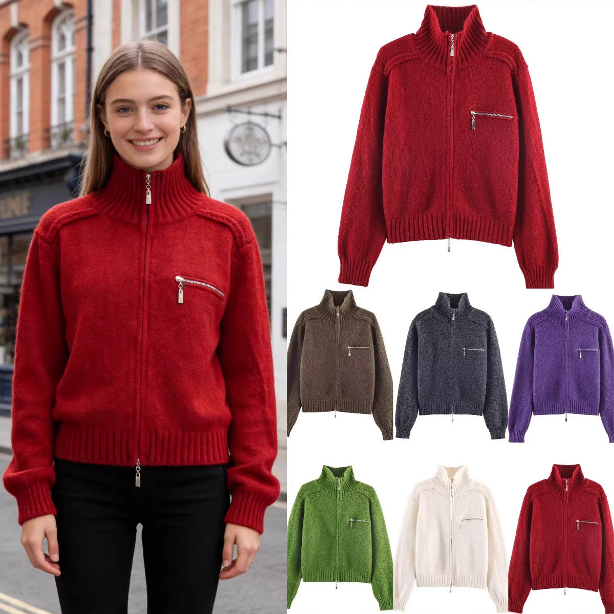 Women's Chunky Knit Zip-Up Cardigan with High Ribbed Collar and Chest Pocket Chichicherry