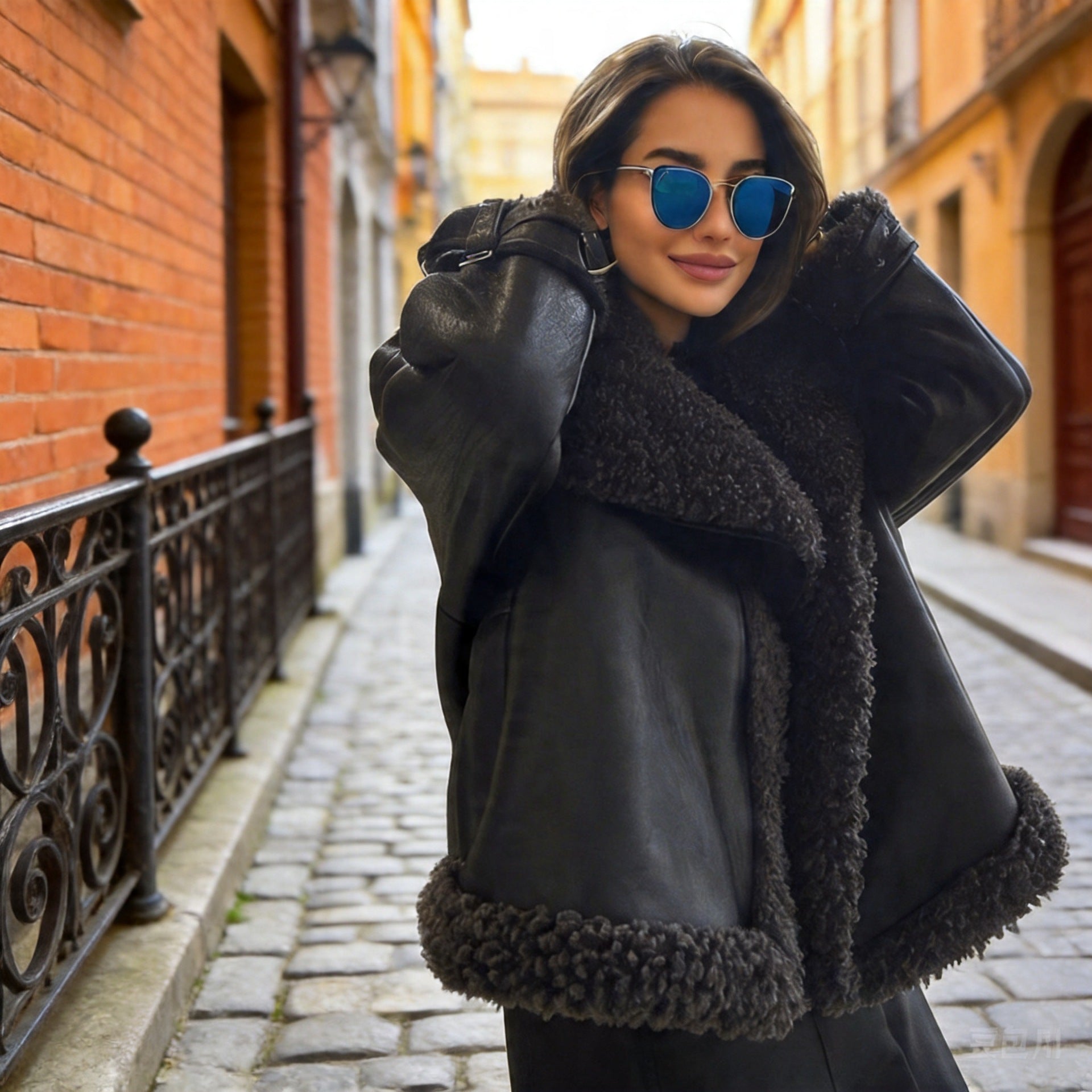Women’s short-cut aviator leather jacket with teddy lining, large collar, and oversized silhouette Chichicherry