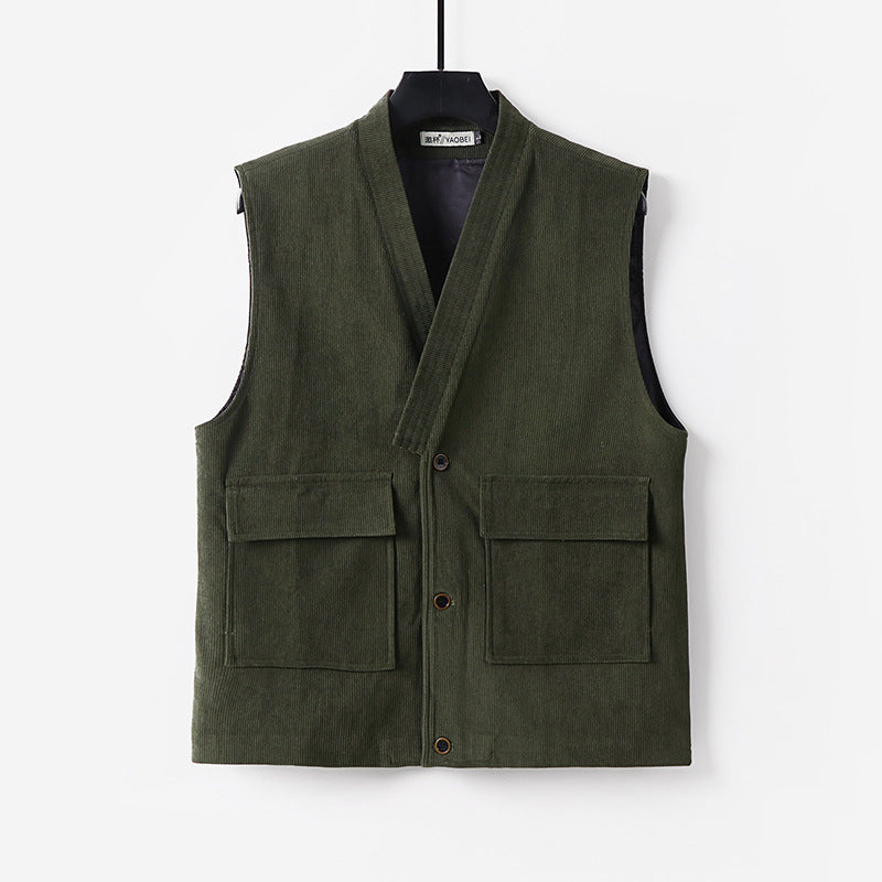 Men's cord waistcoat with V-neck, stand-up collar, and large flap pockets Chichicherry