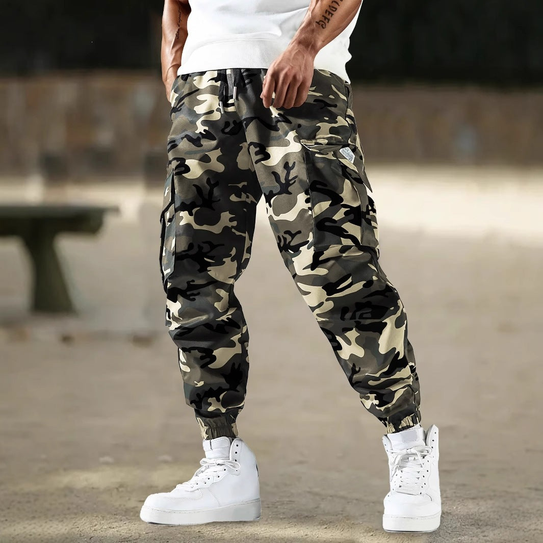 Men's cargo jogger pants with camo pattern, elastic waistband, and ankle cuffs Chichicherry