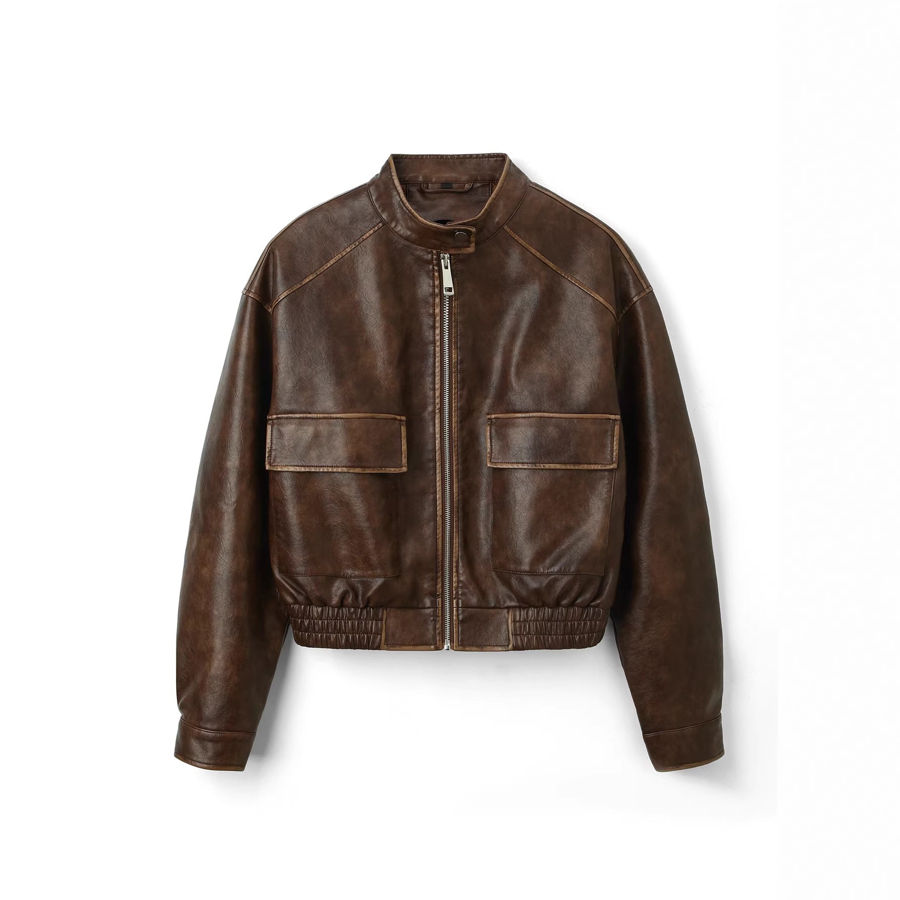 Men's Vintage Leather Bomber Jacket with Stand Collar, Flap Pockets and Elastic Waist Chichicherry