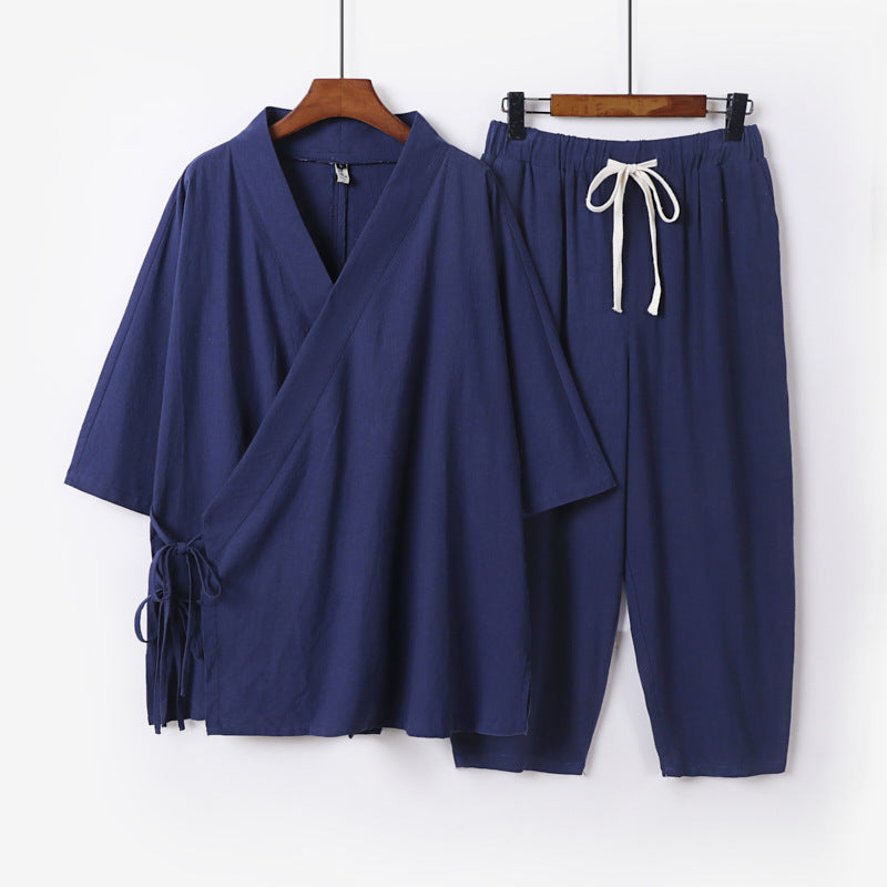 Men's Kimono Loungewear Set with Wrap Top, Drawstring Waist Pants and Loose Fit Chichicherry