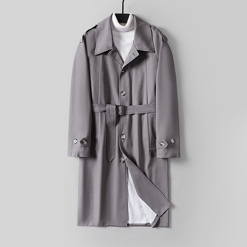 Men's Simple Twill Trench Coat with Adjustable Waist Belt and Shoulder Patches Chichicherry