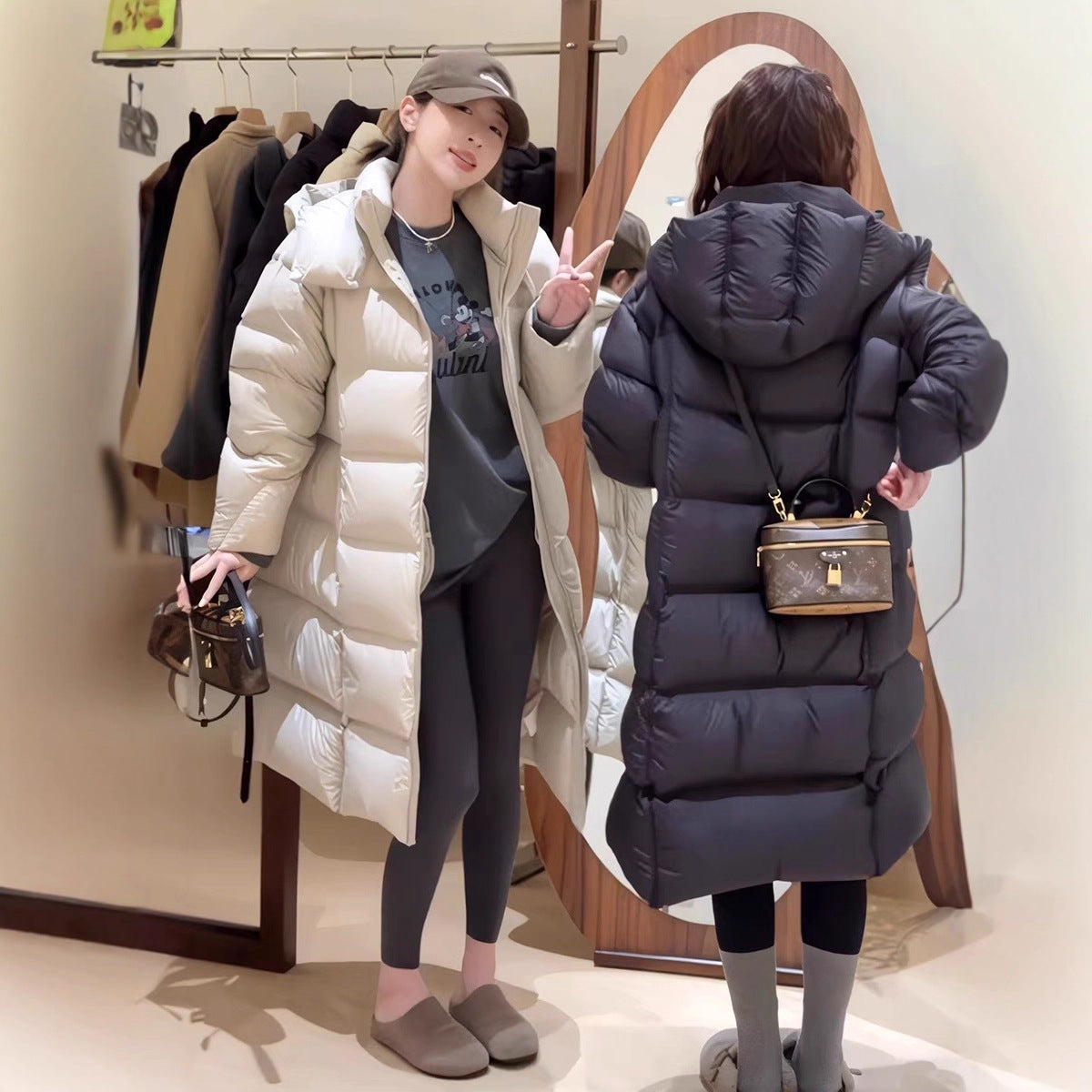 Women Long Padded Oversized Puffer Coat with Hood and Waist Belt Chichicherry