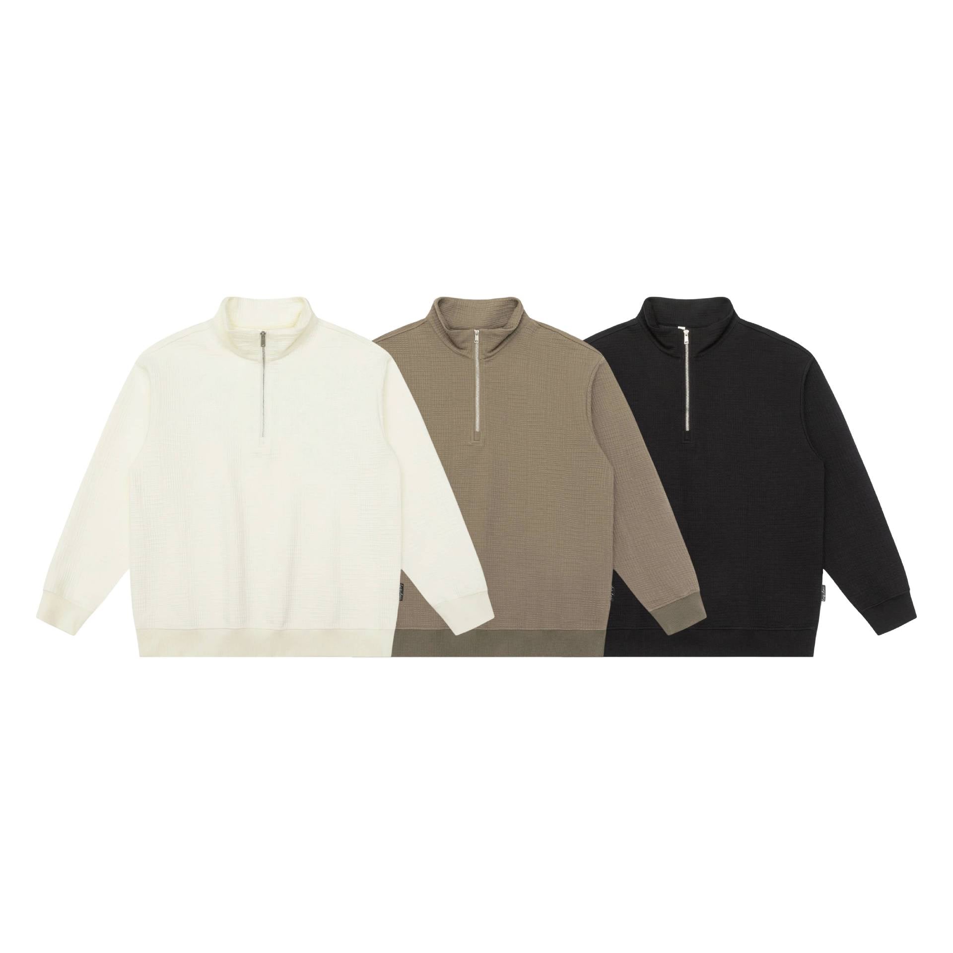 Unisex Structured Waffle Knit Half Zip Sweater with Stand-Up Collar and Ribbed Cuffs Chichicherry