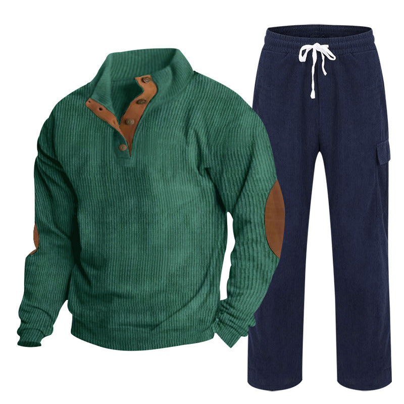 Men's Cozy Leisure Set made of Waffle Knit Henley with Elbow Patch and Relax Cargo Pants Chichicherry