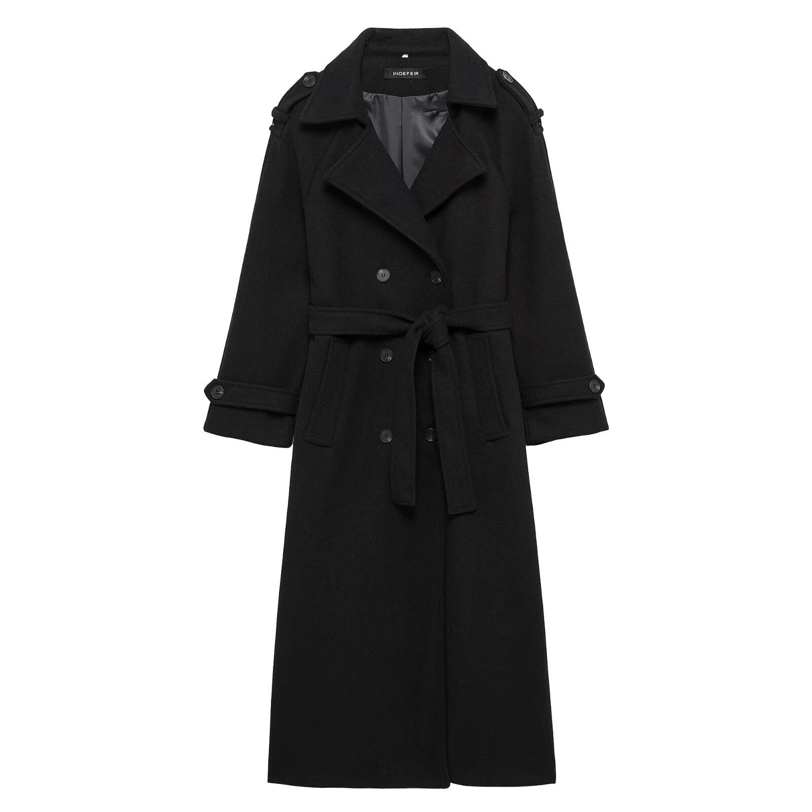 Women Long Double-breasted Trench Coat with Belt and Shoulder Straps Chichicherry