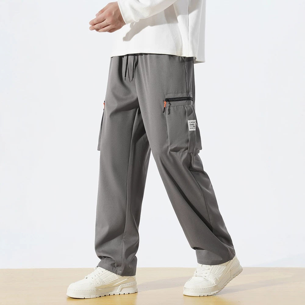 Men's Loose Fit Utility Cargo Pants with Drawstring Waist, Zipper Leg Pockets & Straight Leg Chichicherry