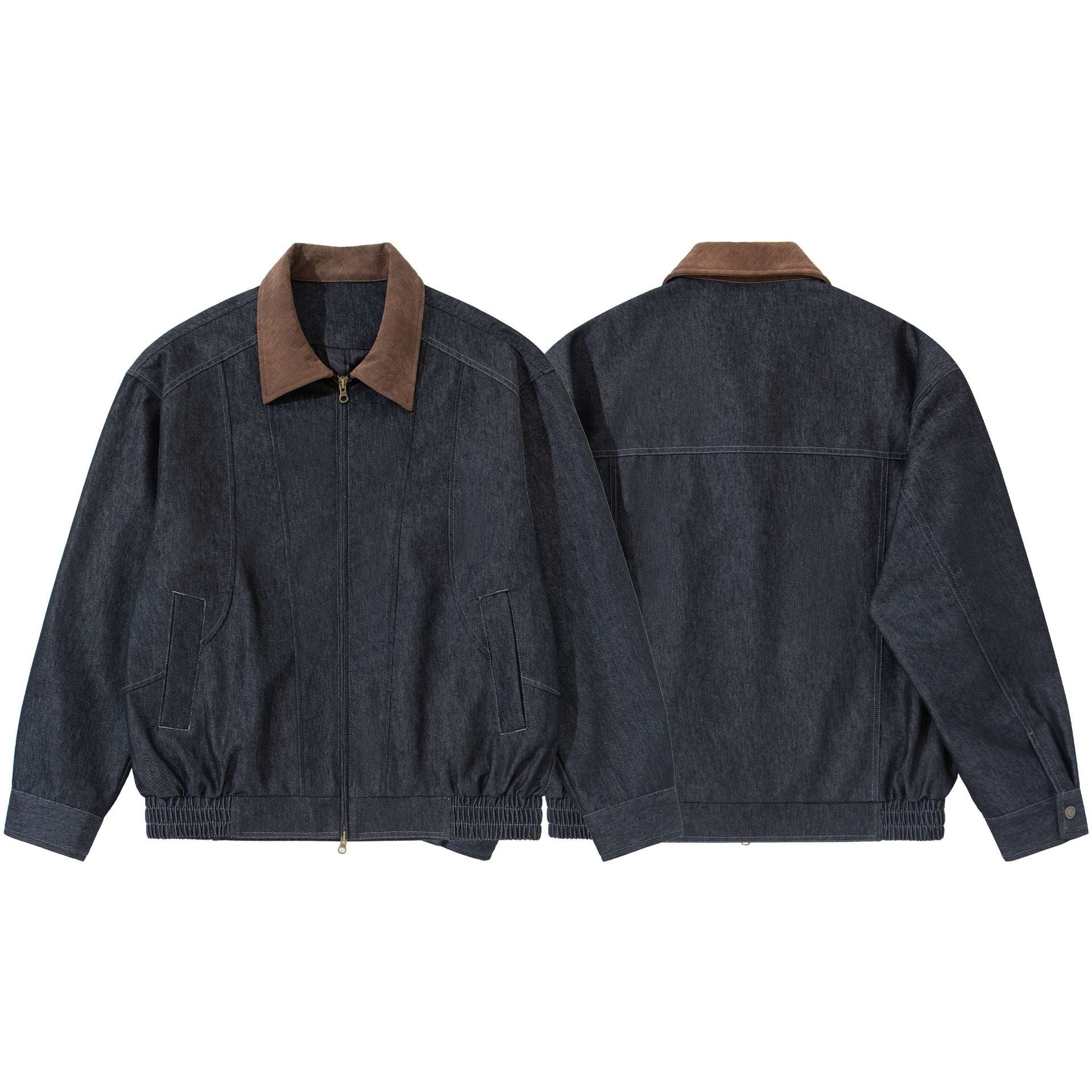 Men's Boxy Denim Blouson Jacket with Suede Collar and Elastic Hem Chichicherry