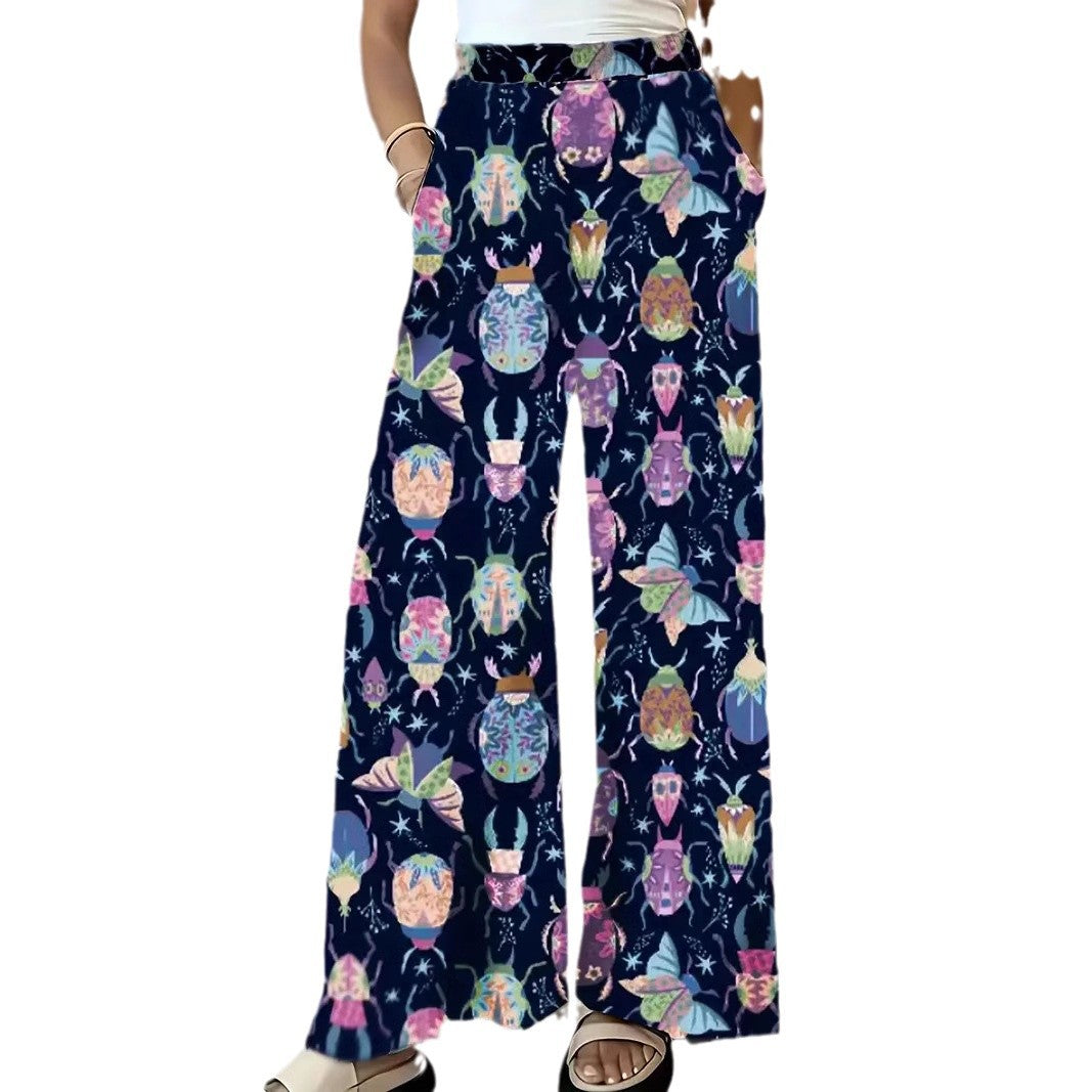 Women's Wide Palazzo Pants with Elastic Waistband and Eye-catching Beetle Print Chichicherry