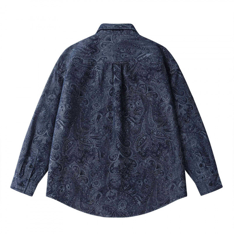 Unisex Oversized Shirt Jacket with Paisley Jacquard, Full Button Placket and Chest Pocket Chichicherry