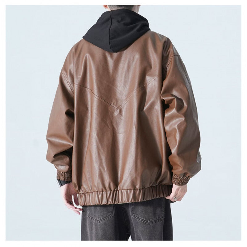 Men's Oversized Faux Leather Bomber Jacket with Stand Collar, Flap Pockets and Elastic Hem Chichicherry